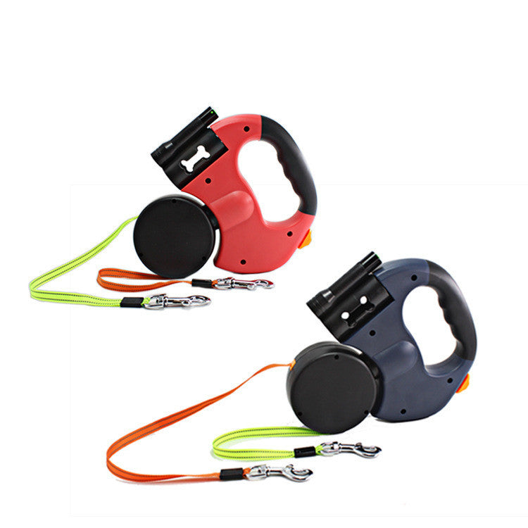 Automatic Dual Headed Pet Leashes with Flashlight Garbage Bag Box